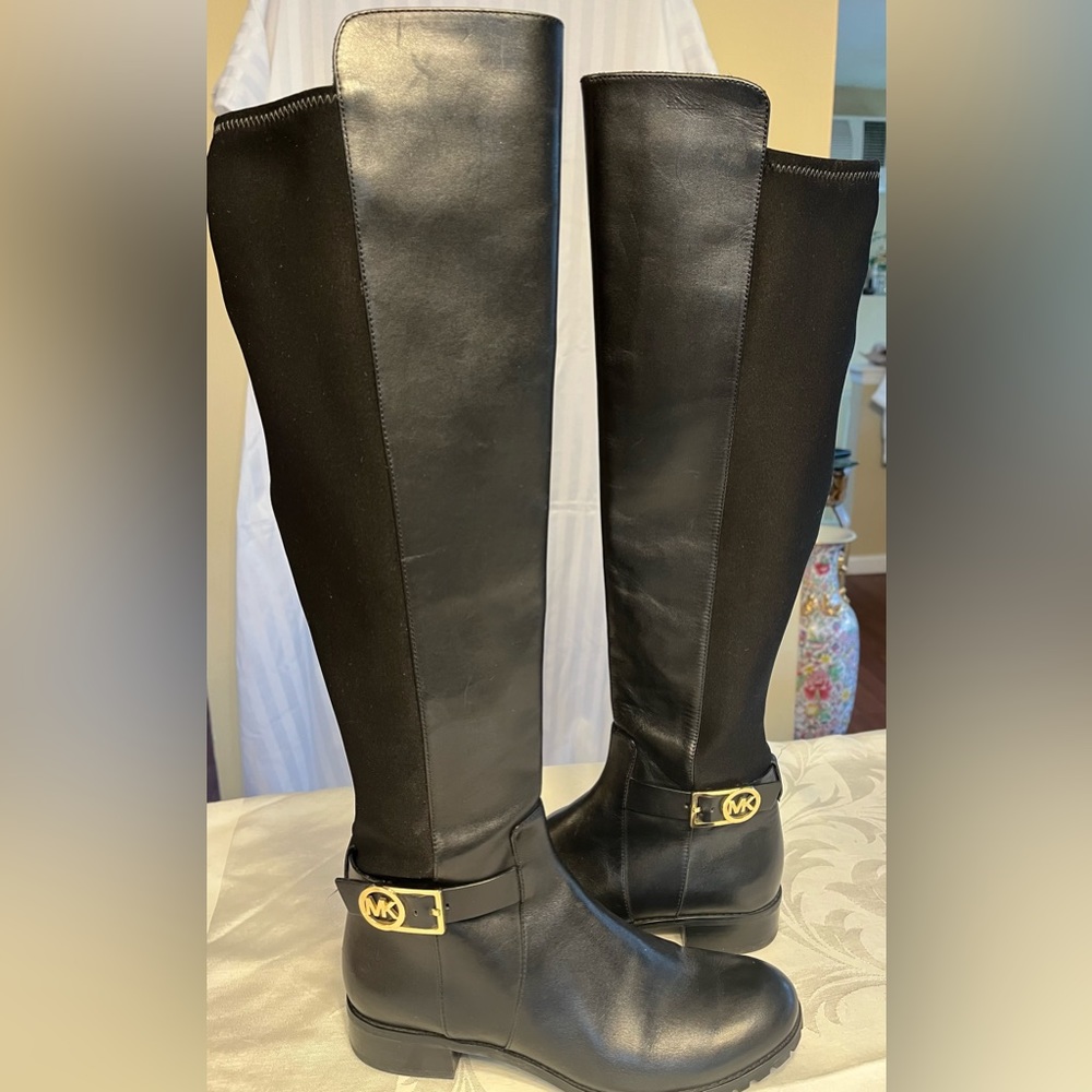 Michael Kors Stretch Back Leather Black Knee High Boots Size 8.5